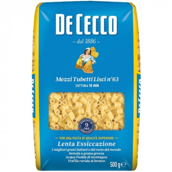 DE CECCO MEZZI TUBETTI LISCI N63 PASTA DI SEMOLA DI GRANO DURO 500 GRAMMI