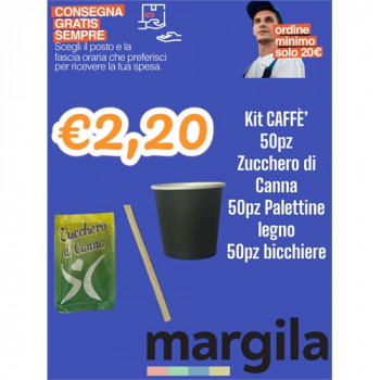 KIT CAFFE'' 50PZ BICCHIERI+50PZ PALETTE+50PZ ZUCCHERO DI CANNA 1 CONFEZIONE