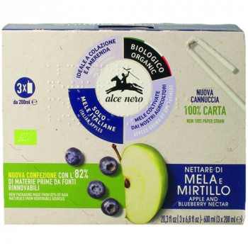 ALCE NERO SUCCO BIO NETTARE DI MELA MIRTILLO SOLO PRODOTTO ITALIANO 3X200 ML